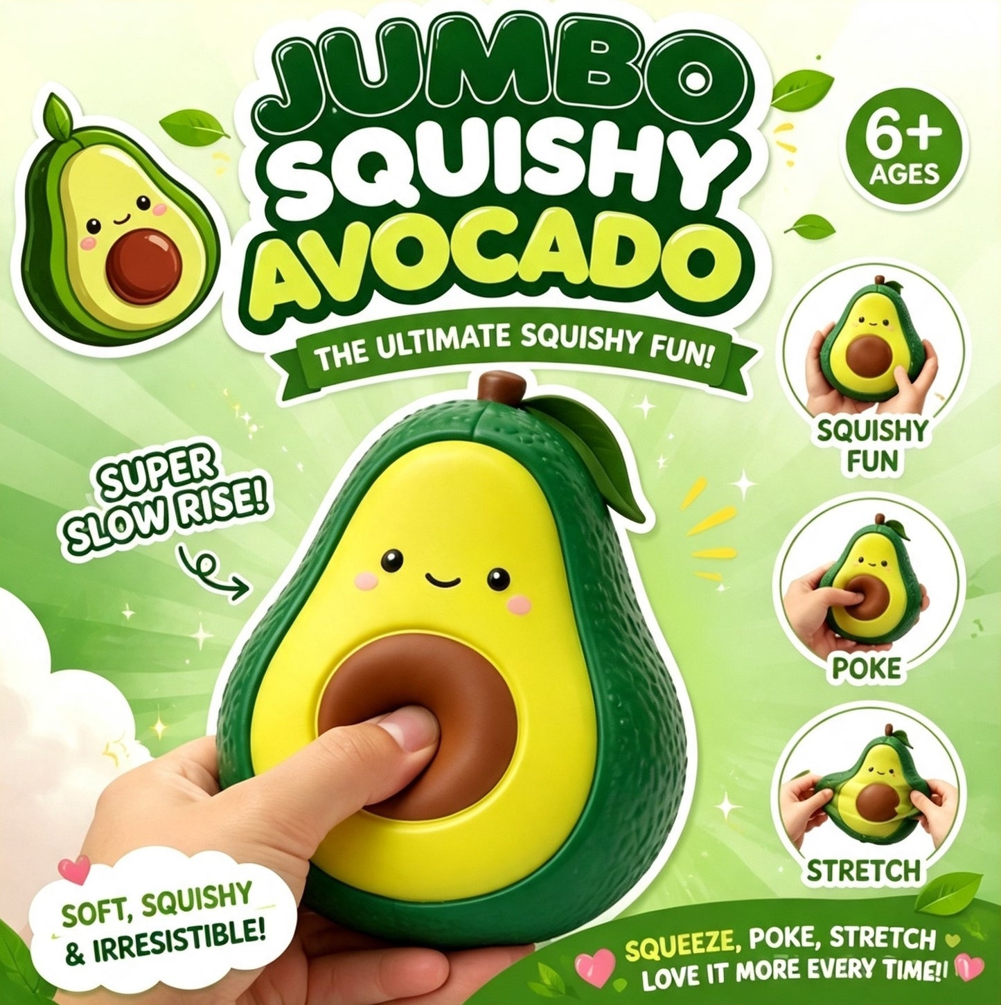 Jumbo Squishy Avocado Fidget Toy, TPR Shell Flour Filling Super Slow Rise Soft Squeeze Stress Relief Sensory Toy for Kids Adults