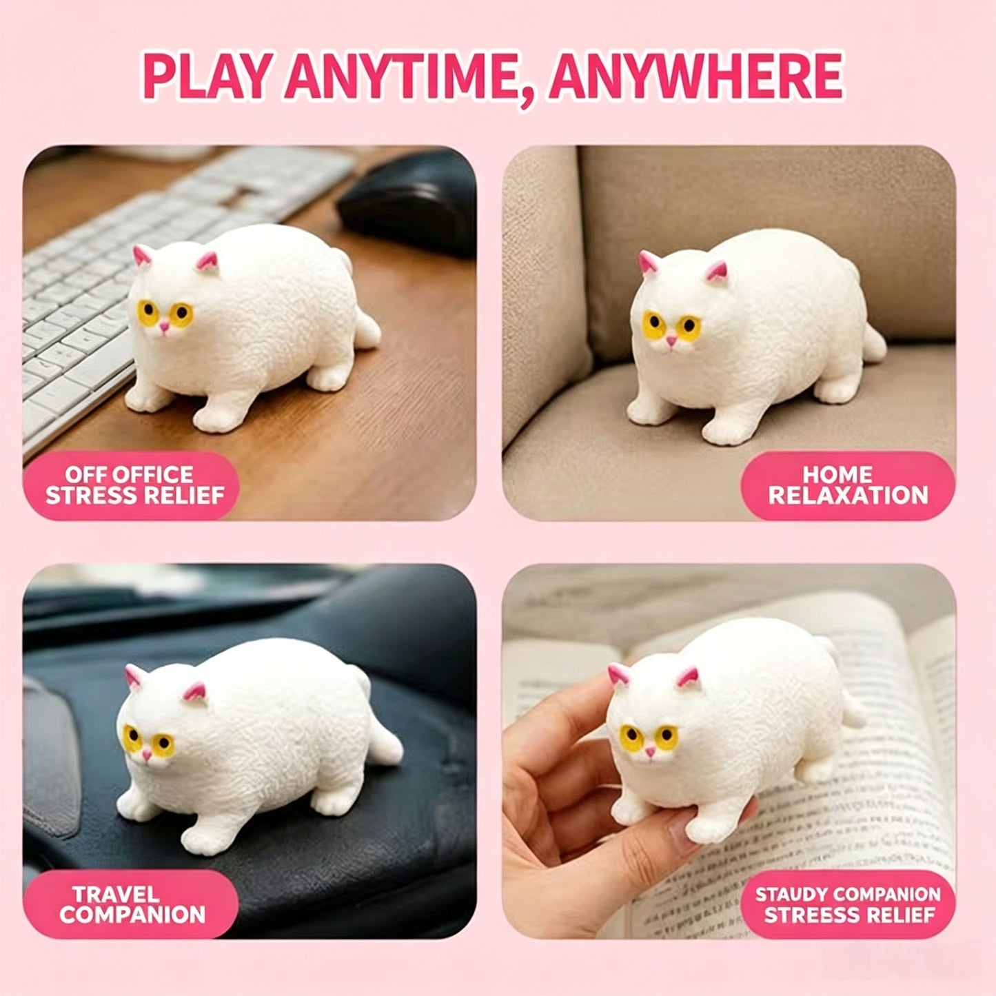Crunchy White Chubby Cat Building‑Block Squish Ball, Mouldable Slow‑Rebound Stress Squeeze Fidget Toy