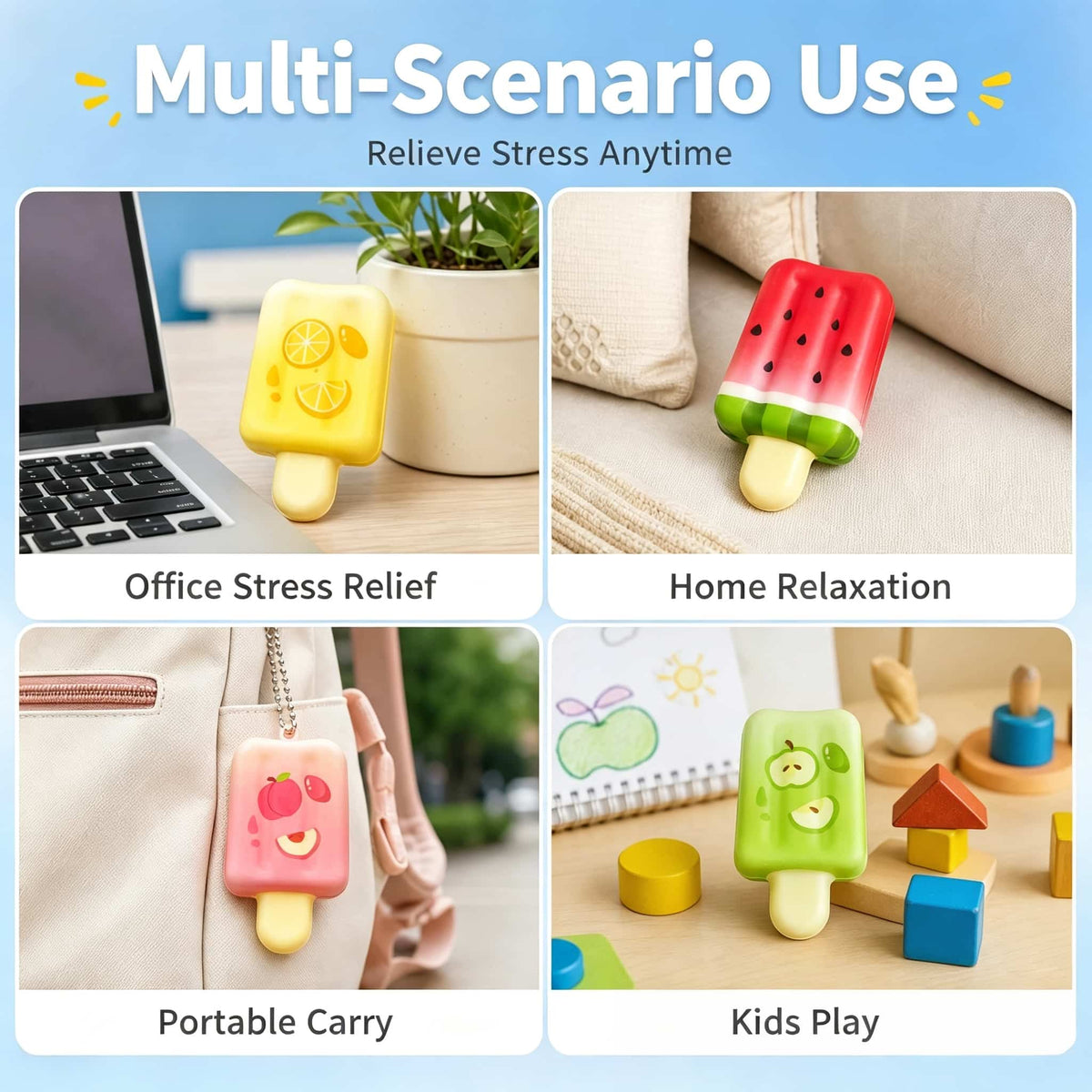 Fruit Popsicle Squishy Toy, Slow Rising PU Stress Relief Ice Cream Squeeze Toy, 6 Styles Assorted