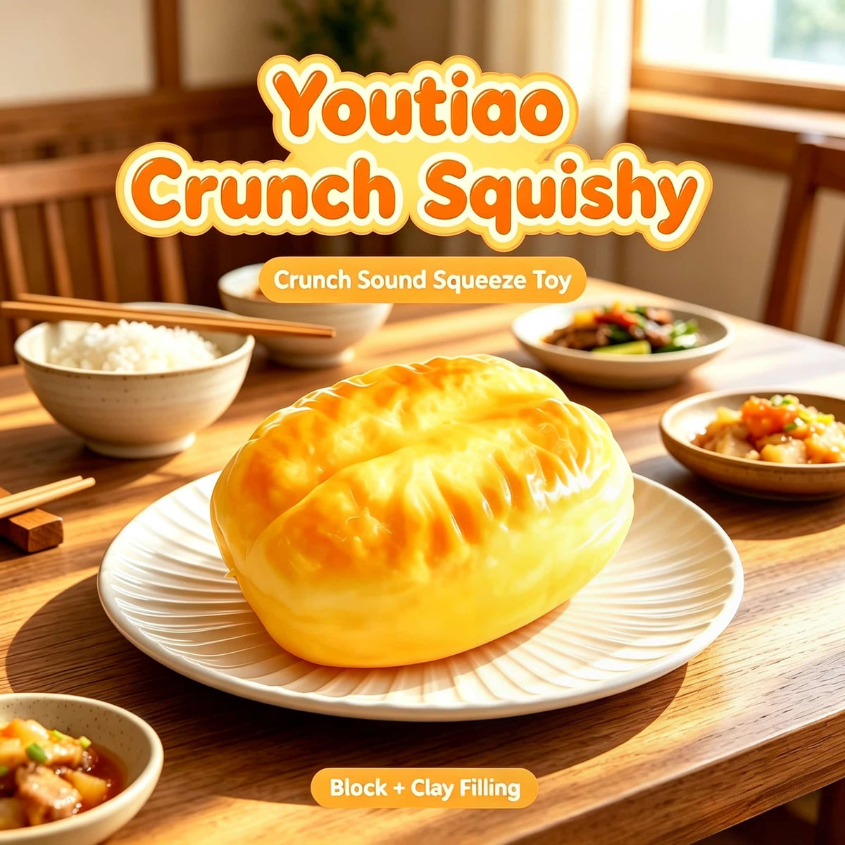 Youtiao Crunch Squishy Toy, Crunch Sound Squeeze Fidget Toy, Hand‑Stuffed Sensory Decompression Toy for Stress Relief, Novelty Food‑Shaped Fidget Squeezing Toy
