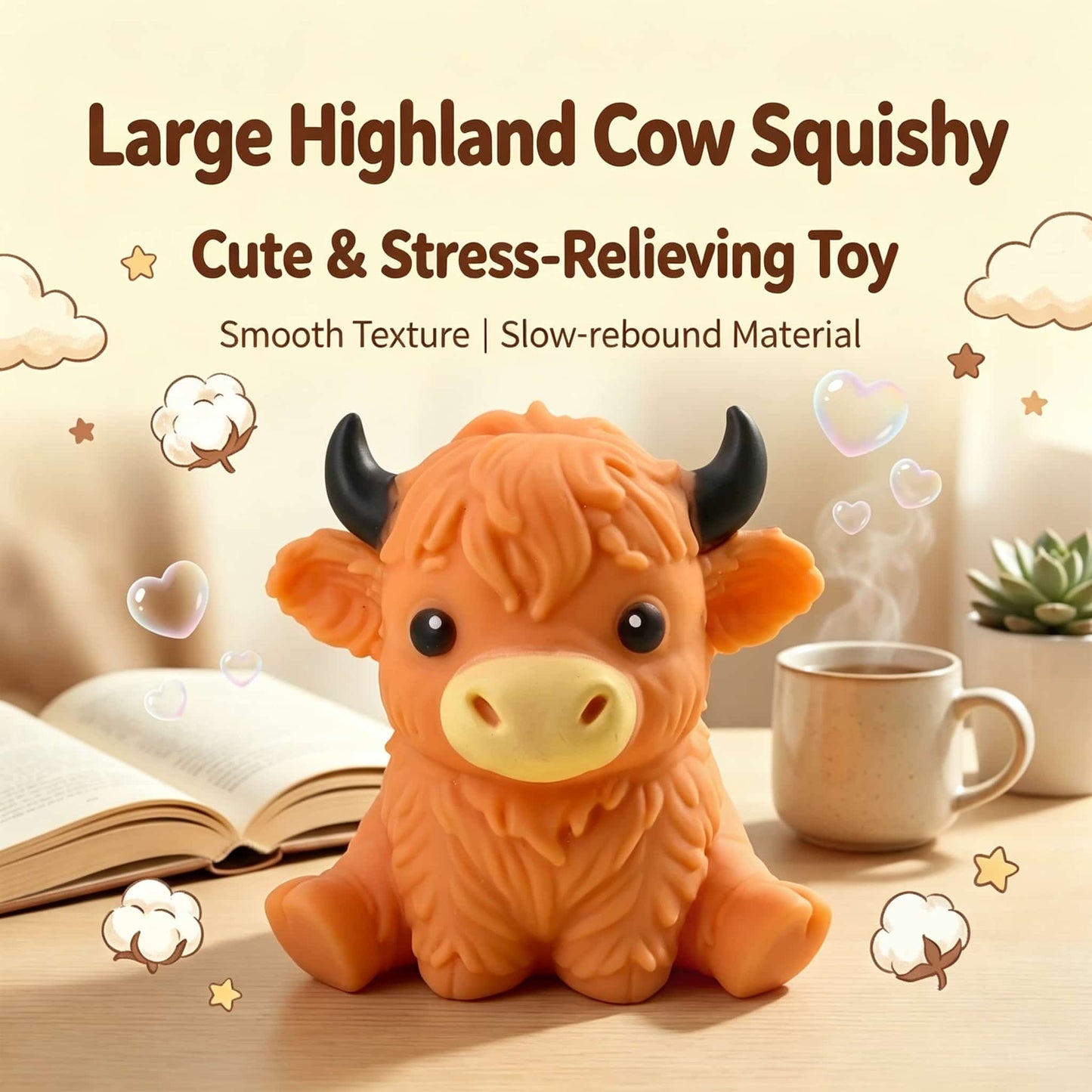 270g Large Highland Cow Squishy Toy, Slow Rebound Stress Relief Squeeze Fidget Toy