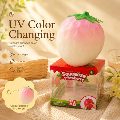 Photochromic Strawberry Squish Toy, Light Color‑Changing Flour Filled TPR Squeeze Stress Ball, Sensory Fidget Toy With Retail Box for Kids Adults