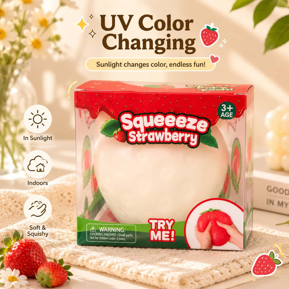 Photochromic Strawberry Squish Toy, Light Color‑Changing Flour Filled TPR Squeeze Stress Ball, Sensory Fidget Toy With Retail Box for Kids Adults