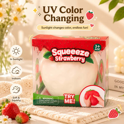 Photochromic Strawberry Squish Toy, Light Color‑Changing Flour Filled TPR Squeeze Stress Ball, Sensory Fidget Toy With Retail Box for Kids Adults