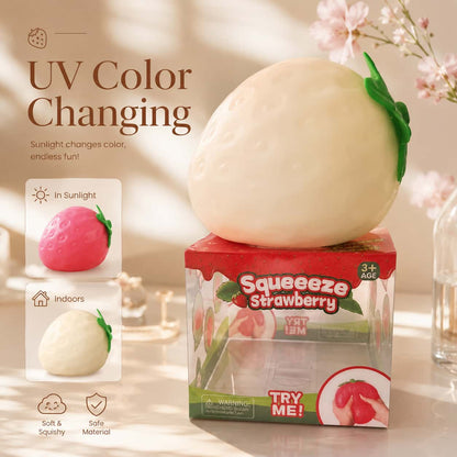 Photochromic Strawberry Squish Toy, Light Color‑Changing Flour Filled TPR Squeeze Stress Ball, Sensory Fidget Toy With Retail Box for Kids Adults