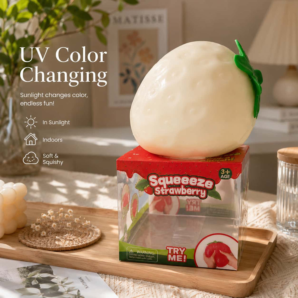 Photochromic Strawberry Squish Toy, Light Color‑Changing Flour Filled TPR Squeeze Stress Ball, Sensory Fidget Toy With Retail Box for Kids Adults