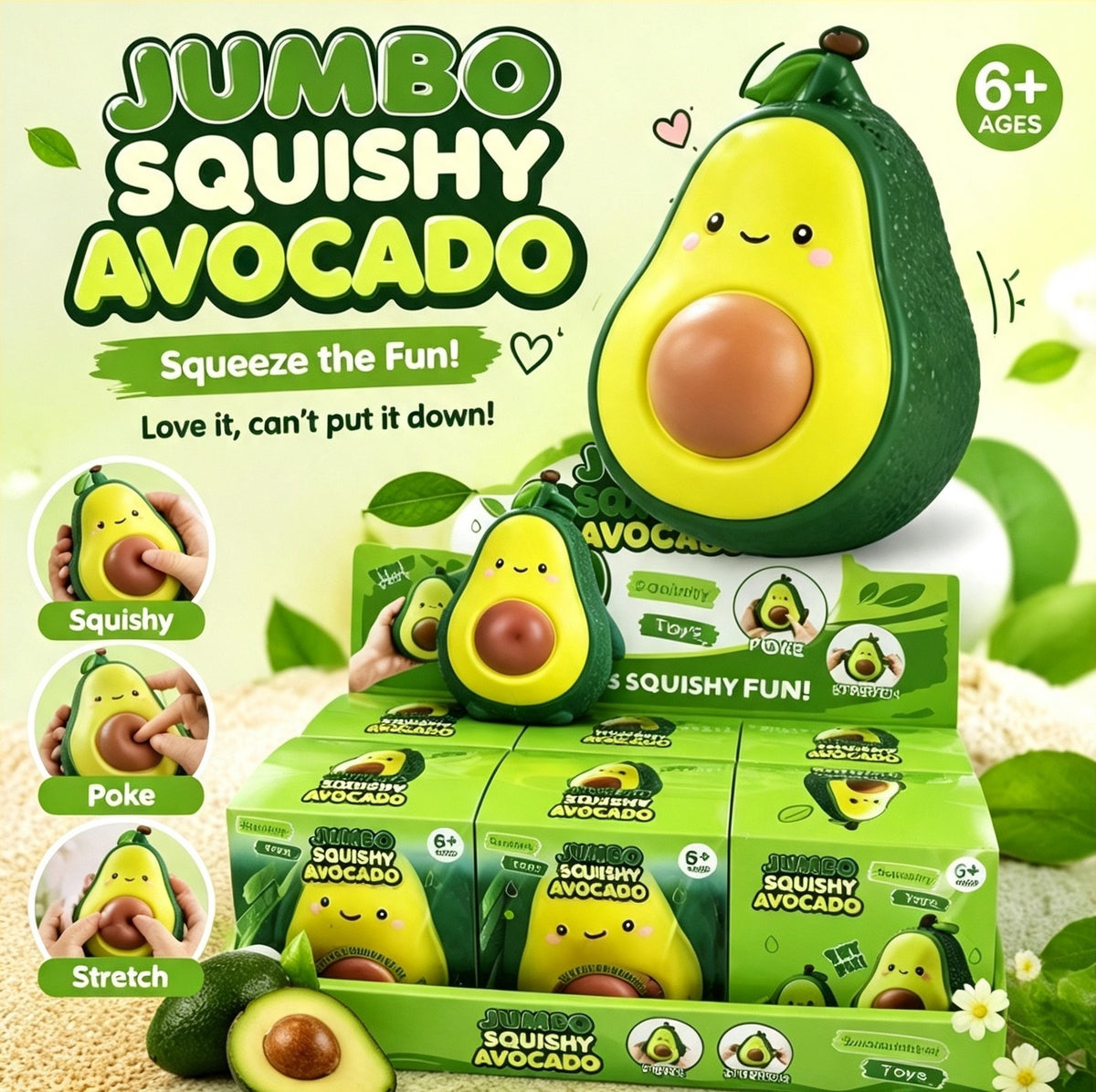 Jumbo Squishy Avocado Fidget Toy, TPR Shell Flour Filling Super Slow Rise Soft Squeeze Stress Relief Sensory Toy for Kids Adults