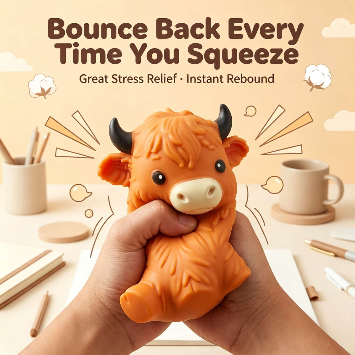 270g Large Highland Cow Squishy Toy, Slow Rebound Stress Relief Squeeze Fidget Toy