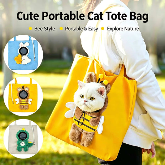 Cute Cartoon Animal Pet Tote Bag, Head Out Breathable Cat Carrier, Portable Canvas Pet Travel Bag for Cats and Small Dogs