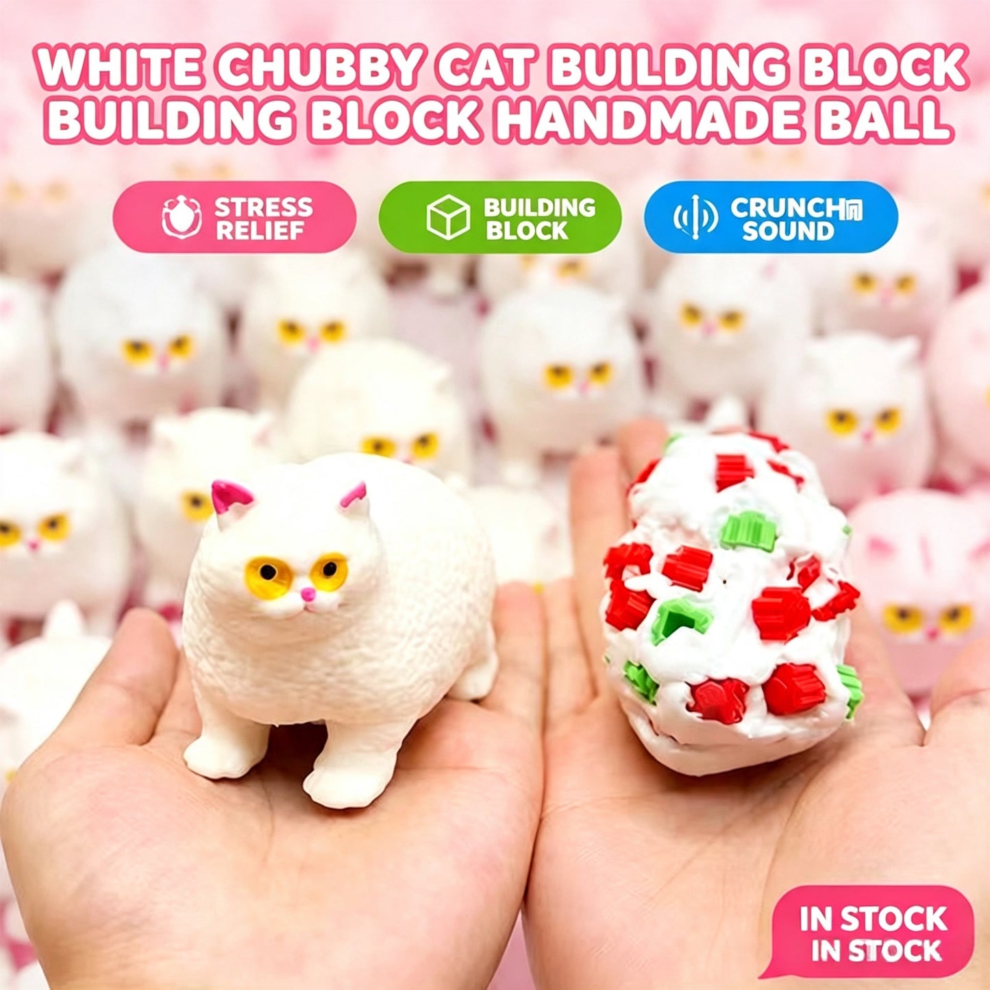 Crunchy White Chubby Cat Building‑Block Squish Ball, Mouldable Slow‑Rebound Stress Squeeze Fidget Toy