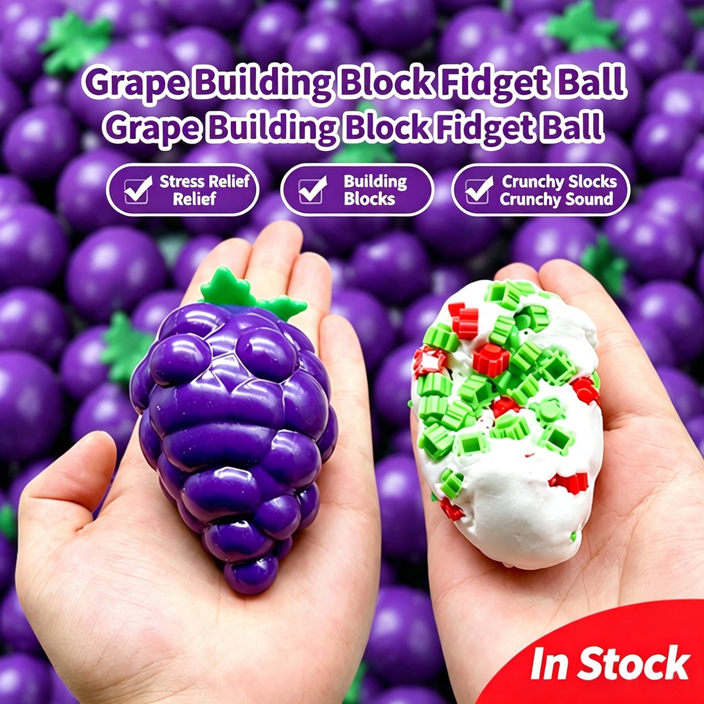 Crunchy Grape Fidget Squeeze Toy, Satisfying Crinkle Sound Sensory Stress Relief Ball for Kids Adults, Portable Anti‑Anxiety Fidget Toy