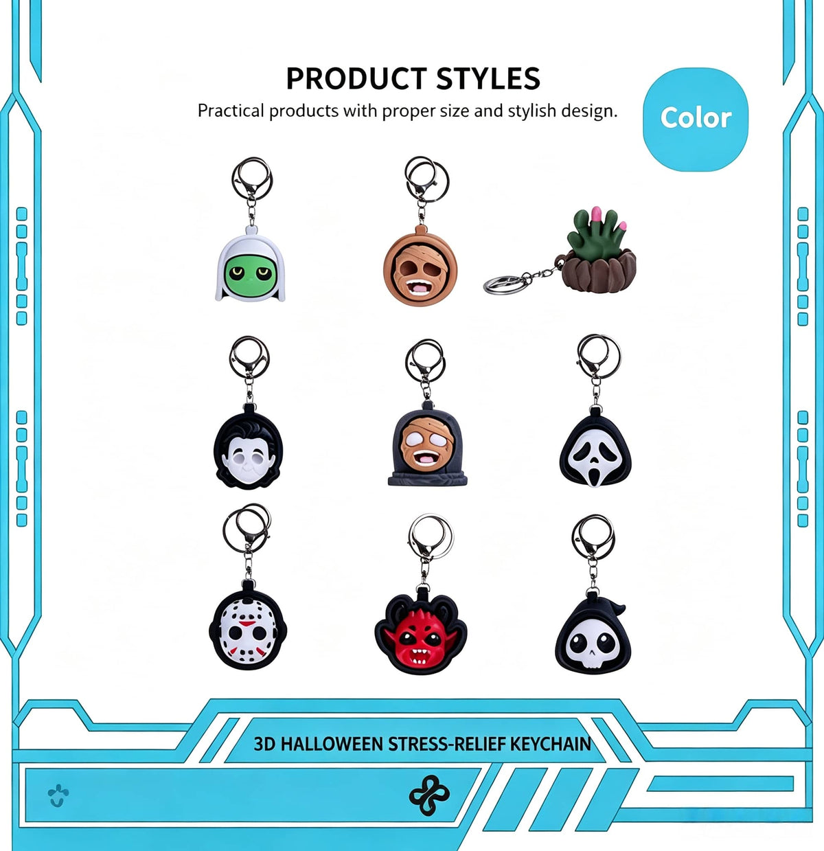 3D Printed Halloween Horror Fidget Keychain, PLA Spooky Clicker Stress Relief Toy