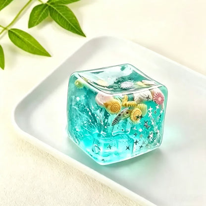 Ocean Shell Maltose Cube Squishy, Transparent Slow Rebound Fidget Stress Squeeze Toy with Sea Shell Starfish