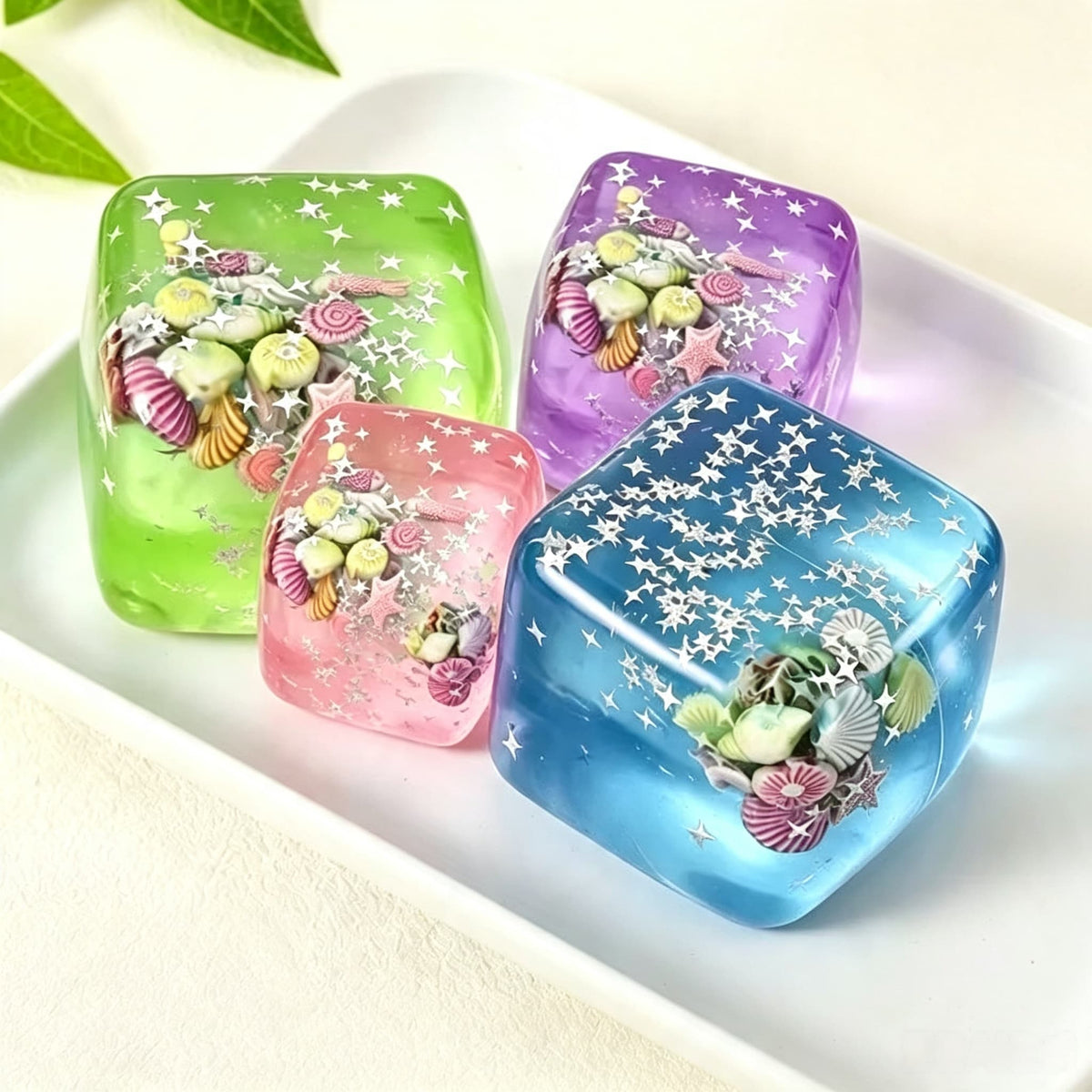Ocean Shell Maltose Cube Squishy, Transparent Slow Rebound Fidget Stress Squeeze Toy with Sea Shell Starfish