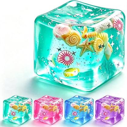 Ocean Shell Maltose Cube Squishy, Transparent Slow Rebound Fidget Stress Squeeze Toy with Sea Shell Starfish