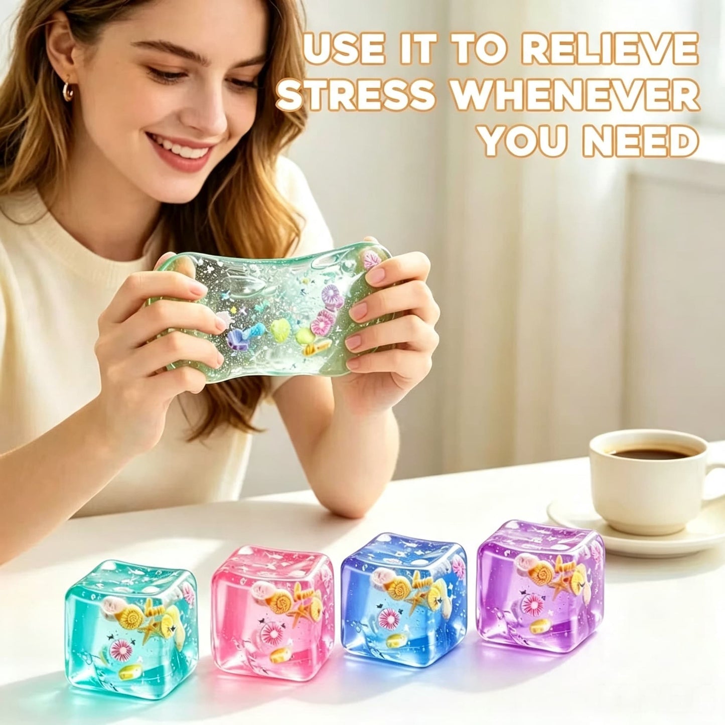 Ocean Shell Maltose Cube Squishy, Transparent Slow Rebound Fidget Stress Squeeze Toy with Sea Shell Starfish