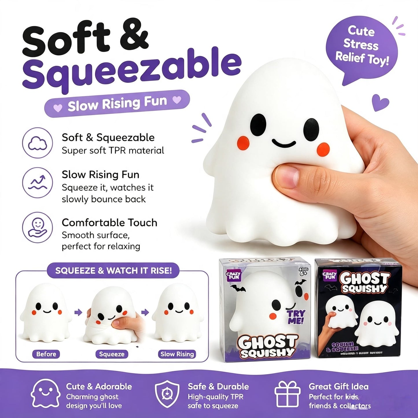 Giant Cute Ghost Squishy Toy, Large Slow‑Rising Soft Squeeze Stress Relief Toy 15cm With Gift Box
