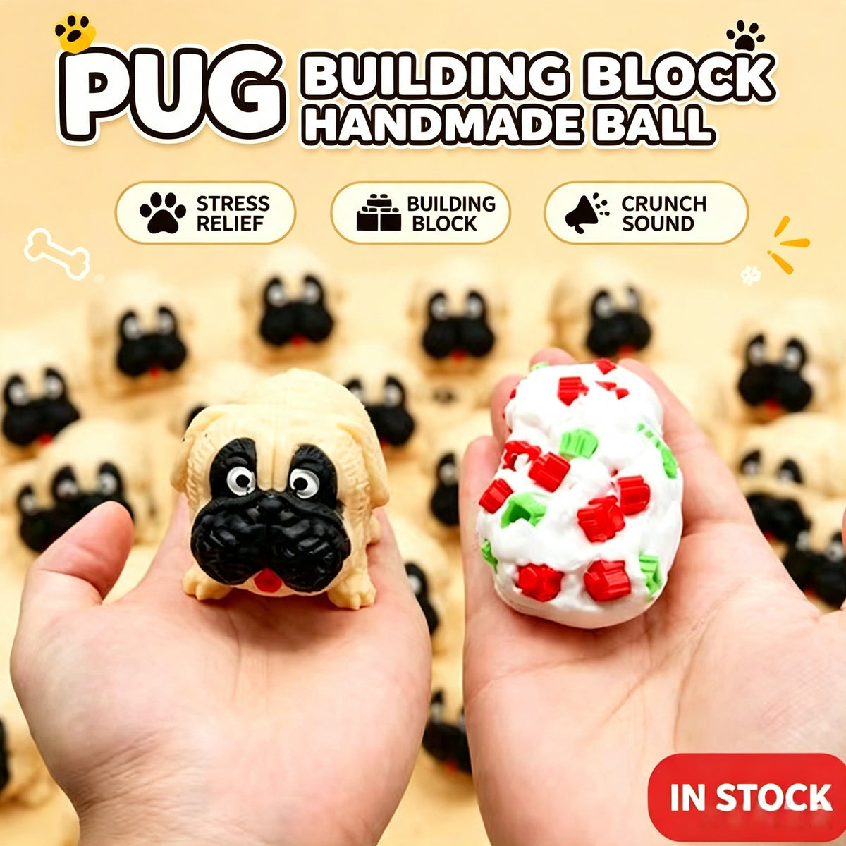 Crunchy Pug Building‑Block Squish Ball, Mouldable Slow‑Rebound Stress Squeeze Fidget Toy for Wholesale Bulk Order