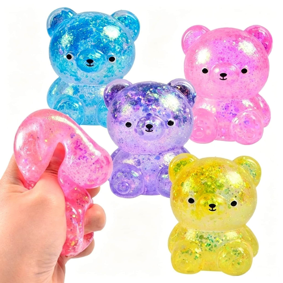 Mini Glitter Transparent Gummy Bear Squishy Toy, Soft Squeeze Stress Relief Fidget Toy, Sparkly Sensory Decompression Toy for Kids Adults, 4 Colors Available