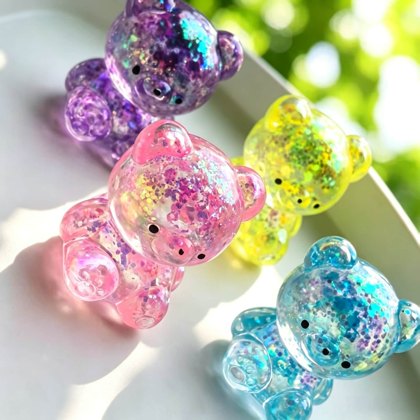 Mini Glitter Transparent Gummy Bear Squishy Toy, Soft Squeeze Stress Relief Fidget Toy, Sparkly Sensory Decompression Toy for Kids Adults, 4 Colors Available