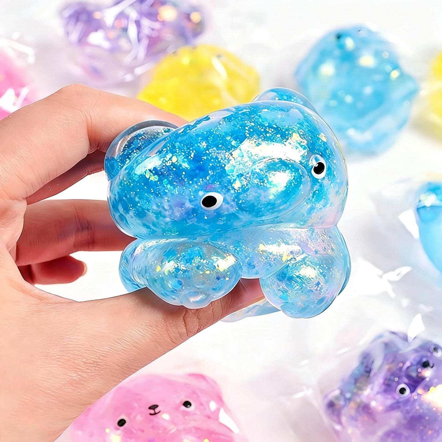 Mini Glitter Transparent Gummy Bear Squishy Toy, Soft Squeeze Stress Relief Fidget Toy, Sparkly Sensory Decompression Toy for Kids Adults, 4 Colors Available
