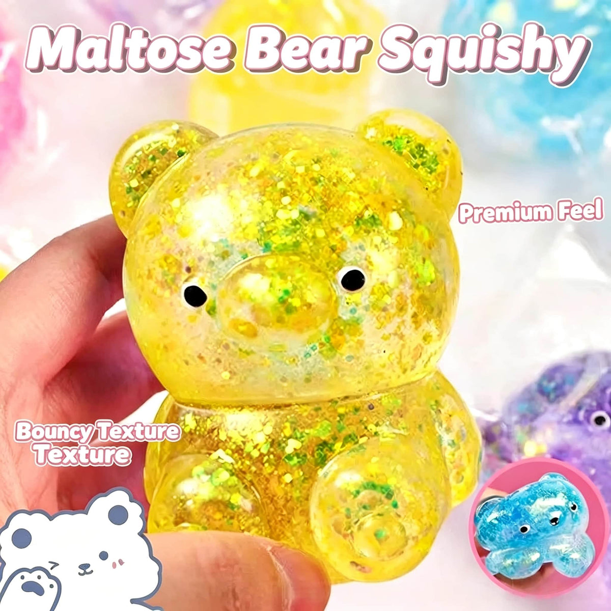 Mini Glitter Transparent Gummy Bear Squishy Toy, Soft Squeeze Stress Relief Fidget Toy, Sparkly Sensory Decompression Toy for Kids Adults, 4 Colors Available