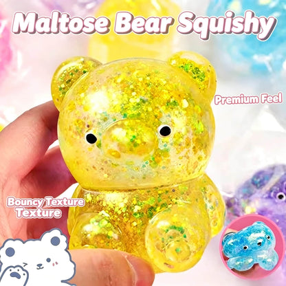 Mini Glitter Transparent Gummy Bear Squishy Toy, Soft Squeeze Stress Relief Fidget Toy, Sparkly Sensory Decompression Toy for Kids Adults, 4 Colors Available