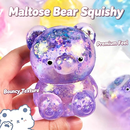 Mini Glitter Transparent Gummy Bear Squishy Toy, Soft Squeeze Stress Relief Fidget Toy, Sparkly Sensory Decompression Toy for Kids Adults, 4 Colors Available