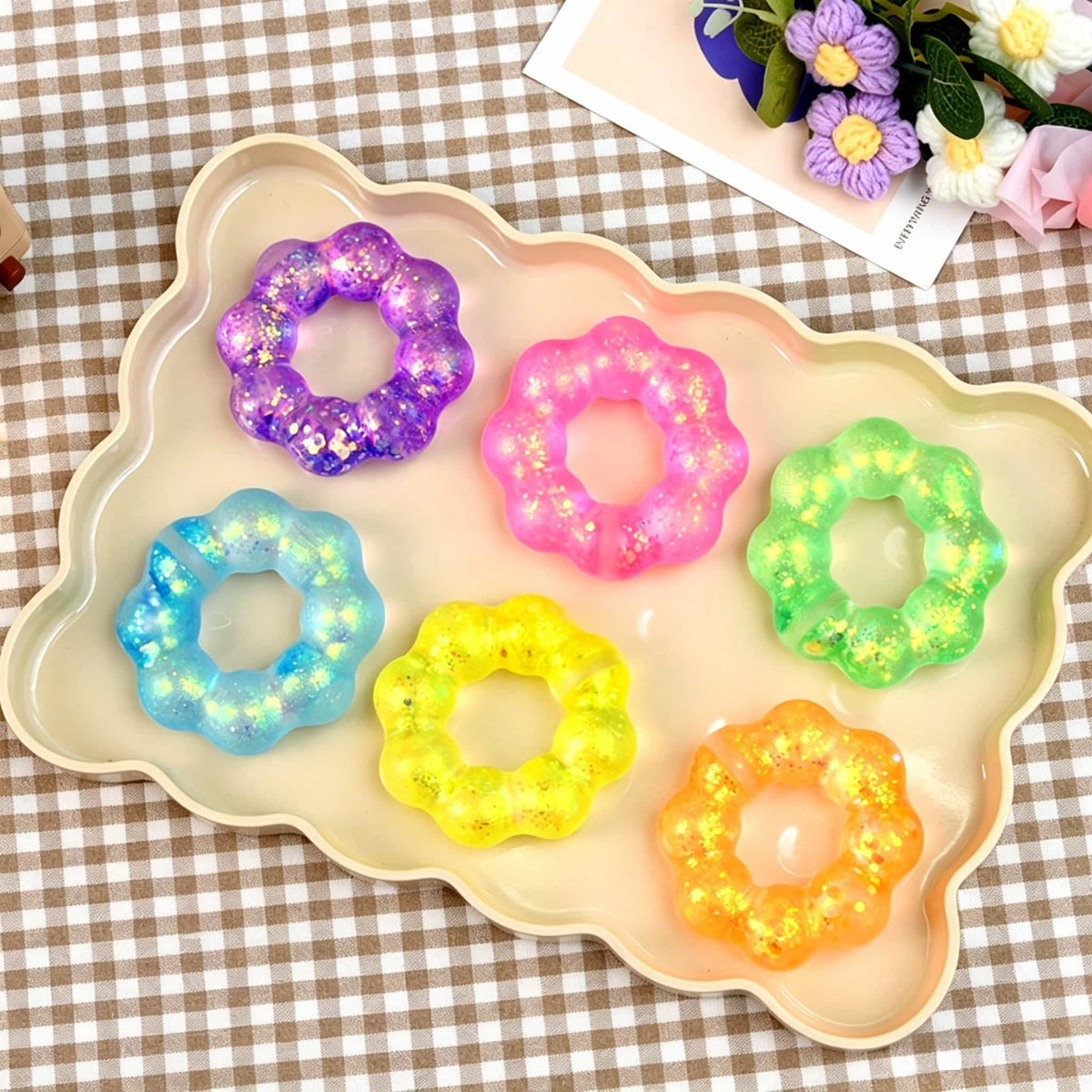 Maltose Bracelet Squishy, Wearable Flower Donut Glitter TPR Fidget Squeeze Toy