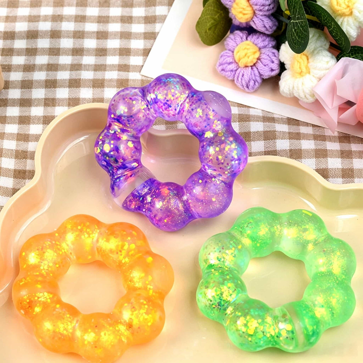Maltose Bracelet Squishy, Wearable Flower Donut Glitter TPR Fidget Squeeze Toy