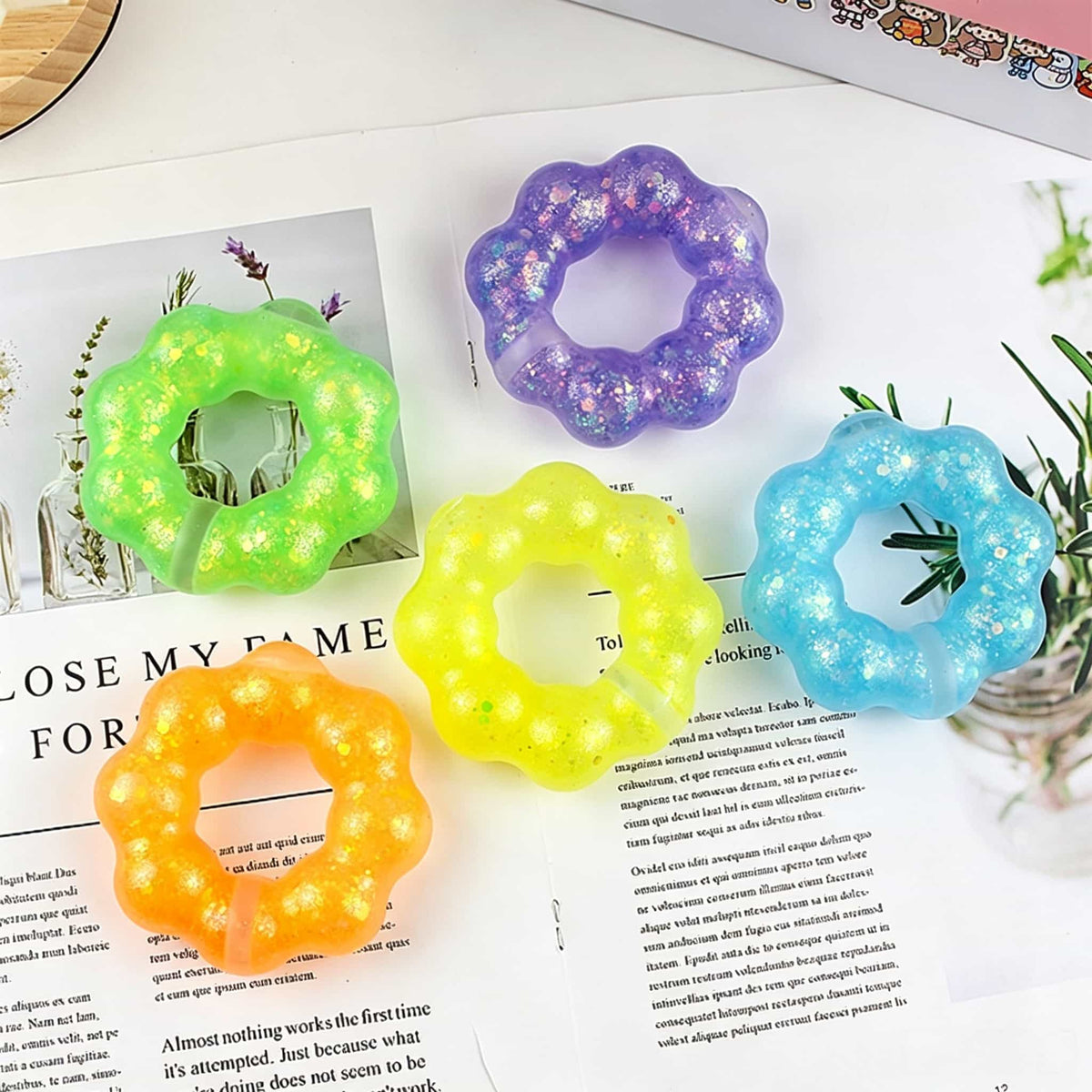 Maltose Bracelet Squishy, Wearable Flower Donut Glitter TPR Fidget Squeeze Toy
