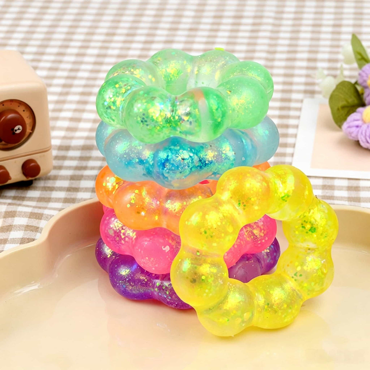Maltose Bracelet Squishy, Wearable Flower Donut Glitter TPR Fidget Squeeze Toy