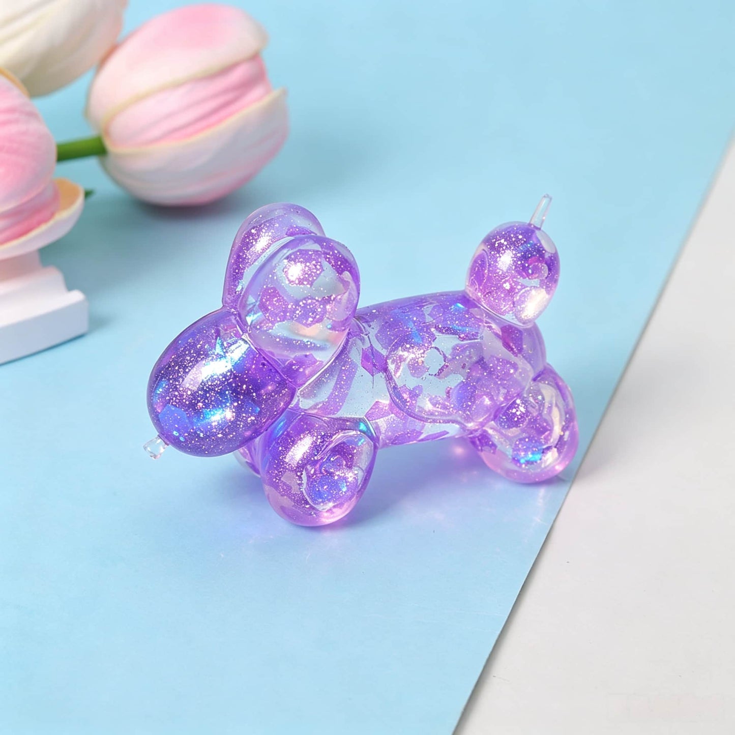 Cute Glitter Balloon Dog Maltose Squishy Toy, Transparent TPR Slow Rising Squeeze Fidget Toy for Kids Adults Stress Relief Party Favors