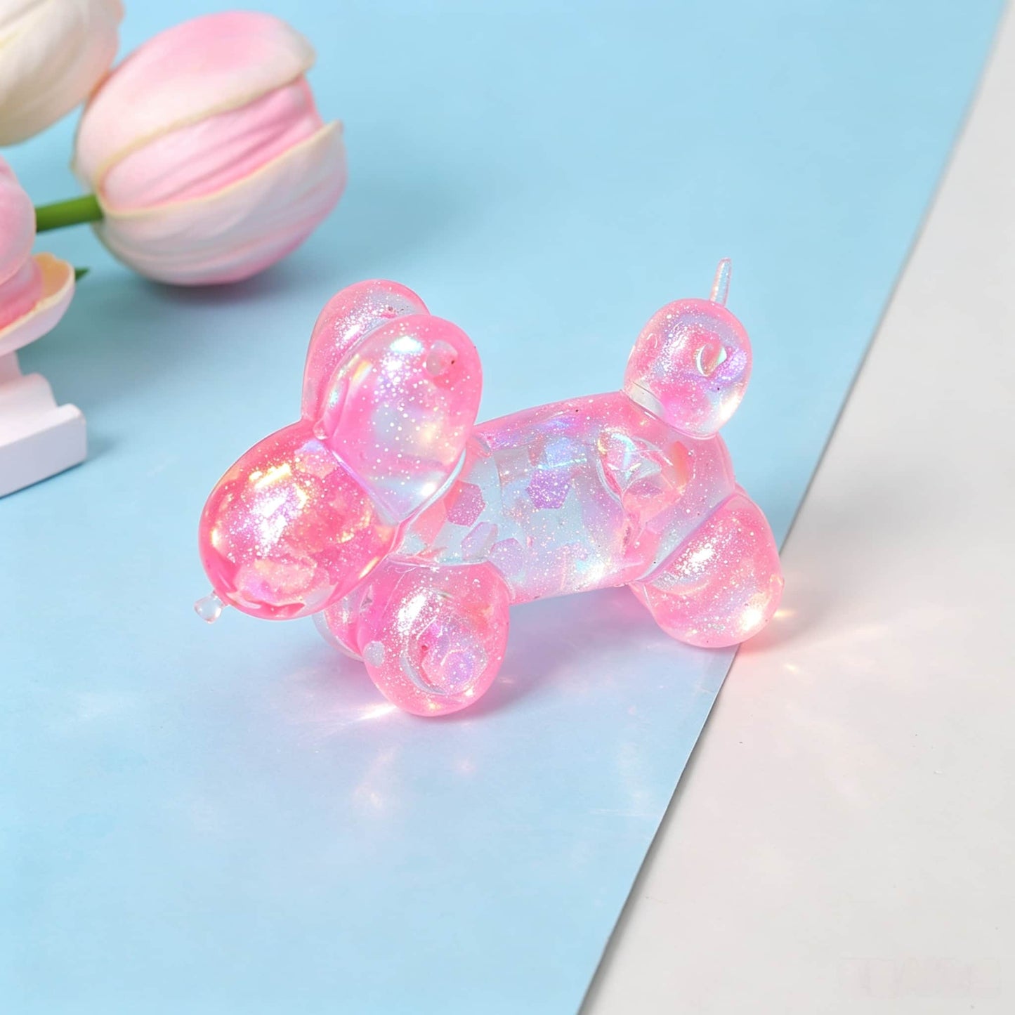 Cute Glitter Balloon Dog Maltose Squishy Toy, Transparent TPR Slow Rising Squeeze Fidget Toy for Kids Adults Stress Relief Party Favors