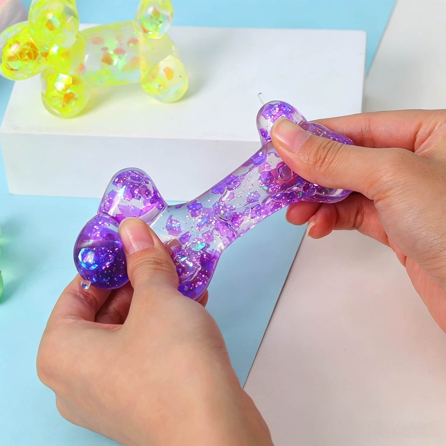 Cute Glitter Balloon Dog Maltose Squishy Toy, Transparent TPR Slow Rising Squeeze Fidget Toy for Kids Adults Stress Relief Party Favors