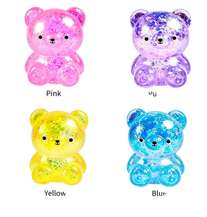 Mini Glitter Transparent Gummy Bear Squishy Toy, Soft Squeeze Stress Relief Fidget Toy, Sparkly Sensory Decompression Toy for Kids Adults, 4 Colors Available
