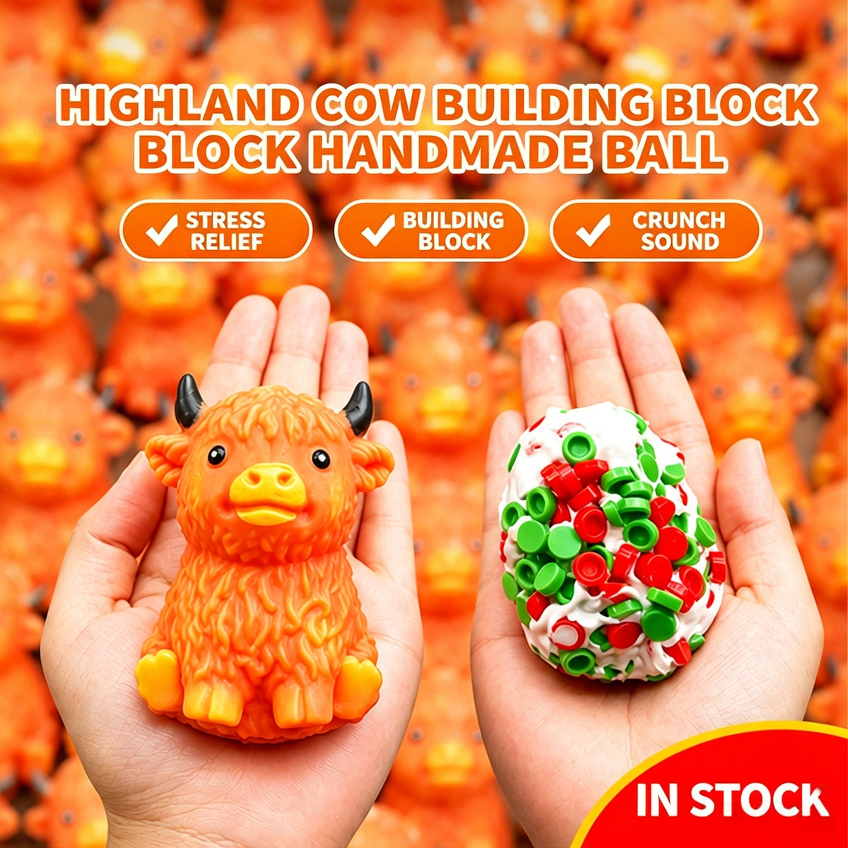 Highland Cow Building Block Squishy Ball, Crunch Sound Mouldable Slow Rebound Stress Relief Fidget Squeeze Toy