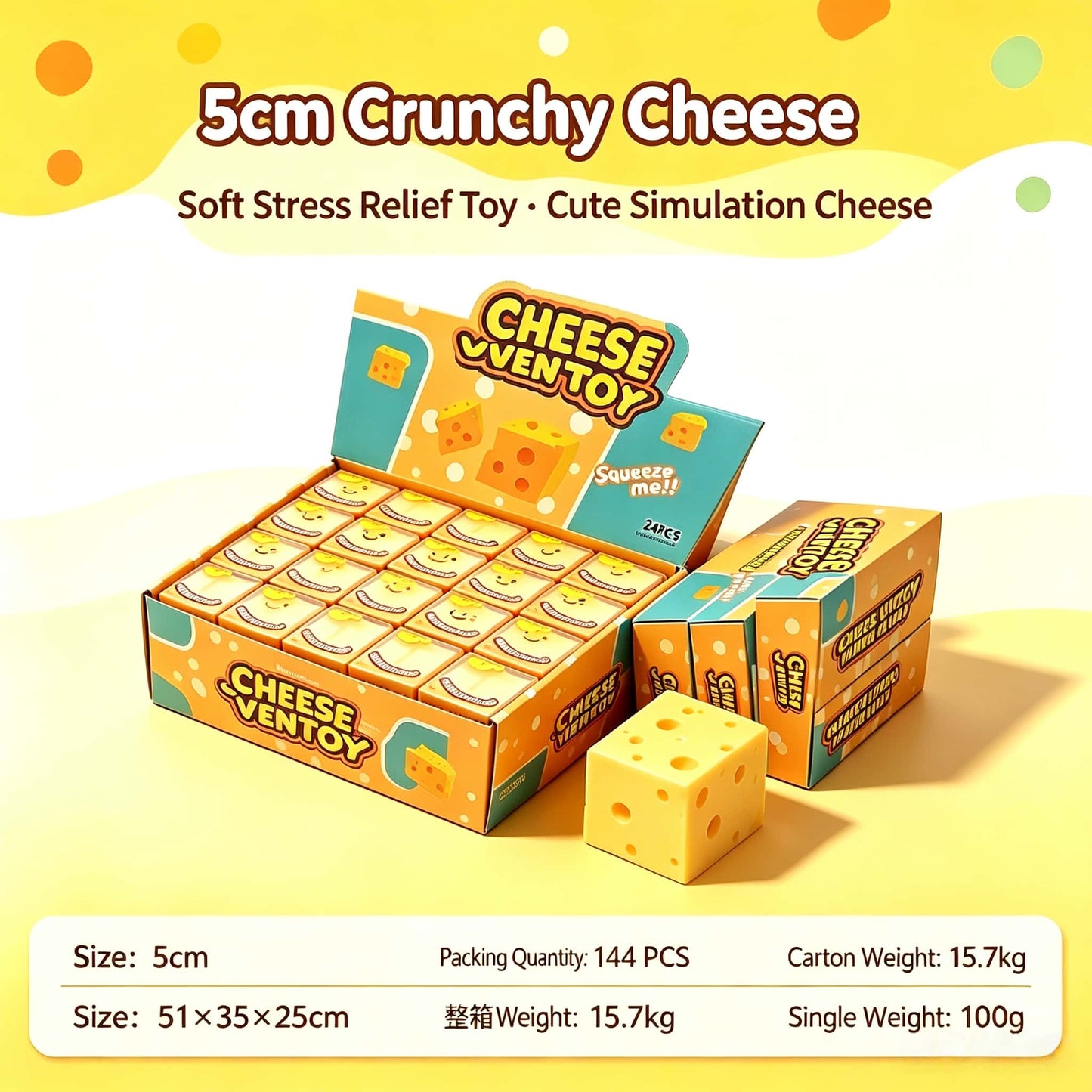 5cm Crunchy Cheese Fidget Toy, Soft Squishy Stress Relief Simulation Cheese Block