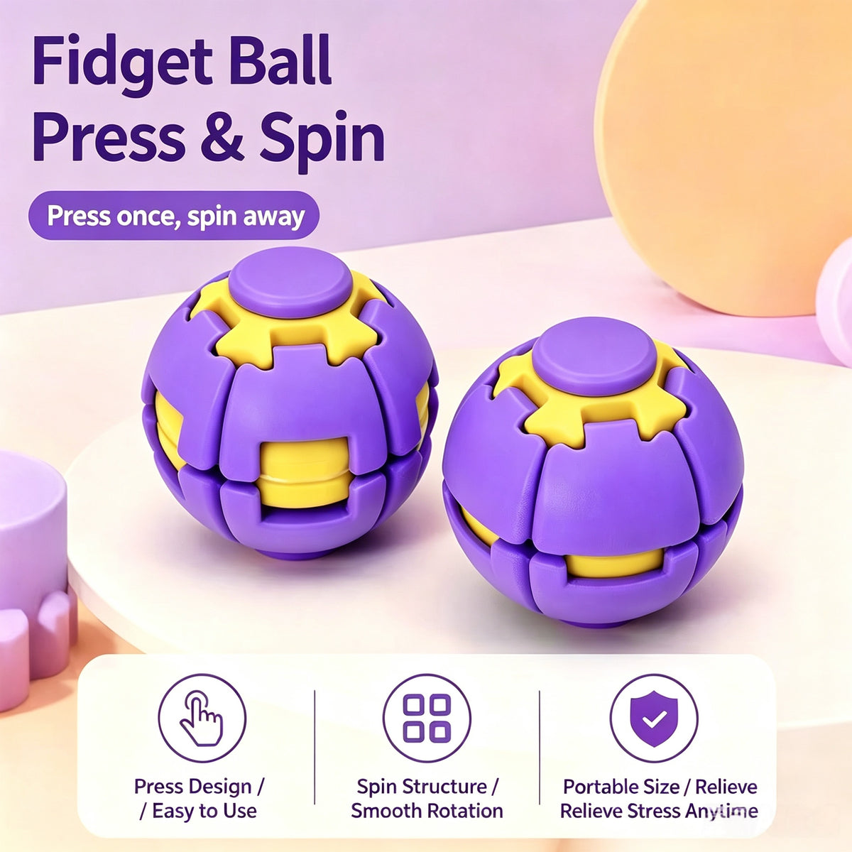 3D Press Rotate Fidget Ball Portable Hand Spinner Sensory Stress Relief Toy for Kids Adults Office Anxiety Relief