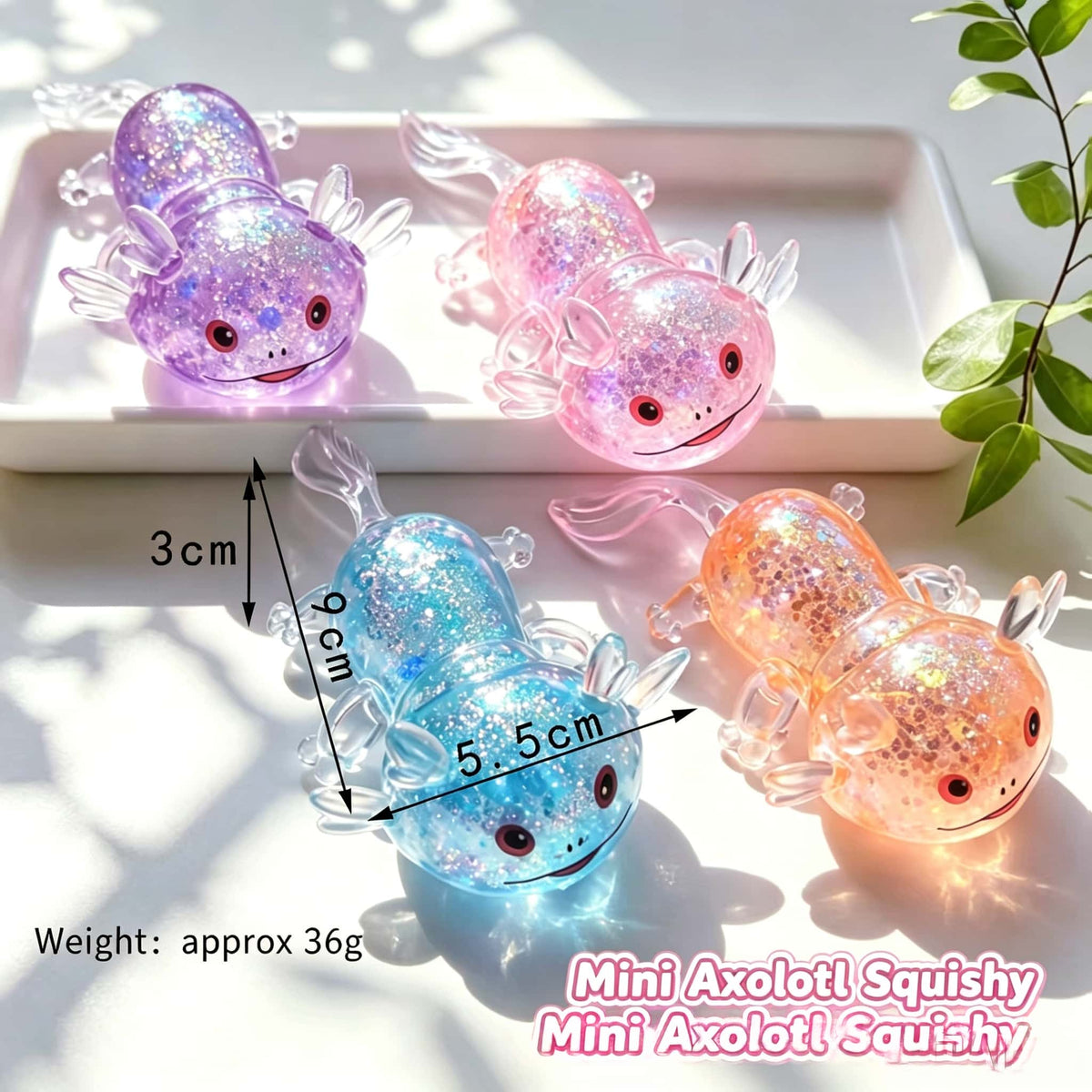 Mini Glitter Axolotl Squishy Toy, Maltose‑Filled TPR Squeeze Fidget Stress Relief Toy for Kids and Adults