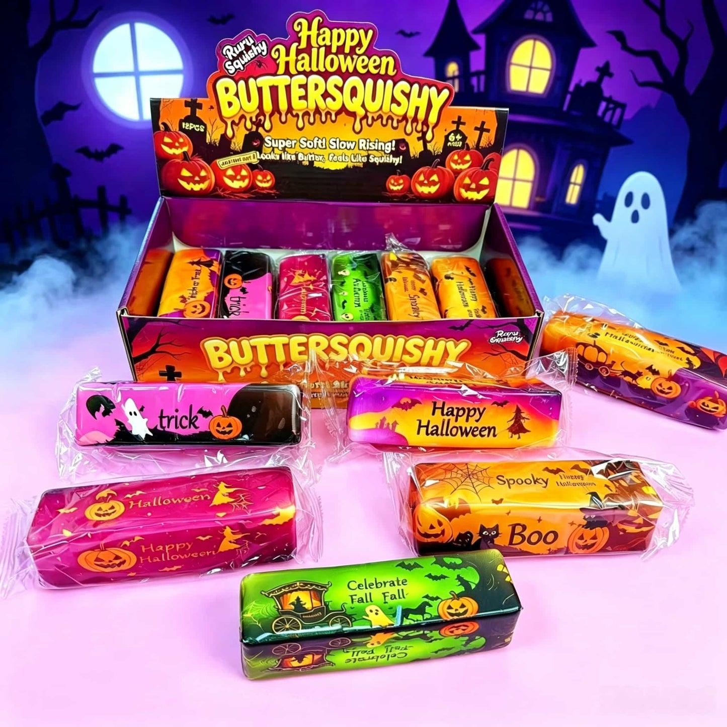 Halloween Butter Squishy Stick, PU Slow‑Rise Squeeze Fidget Sensory Toy, Random Assorted Prints