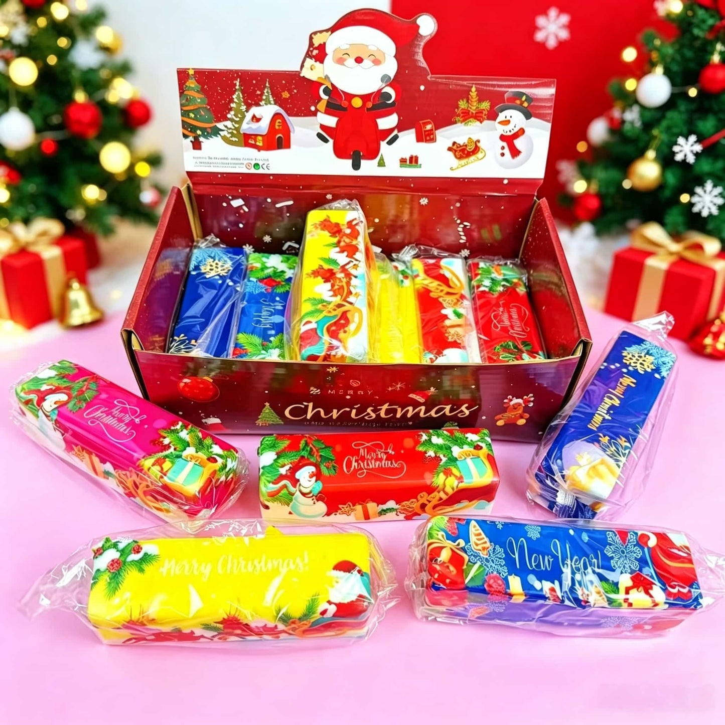 Christmas Butter PU Squishy Toy, Harmonica Shaped Slow Rising Fidget Toy, Xmas Santa Printed Squeeze Toy, Christmas Stocking Stuffer Holiday Gift for Kids & Adults