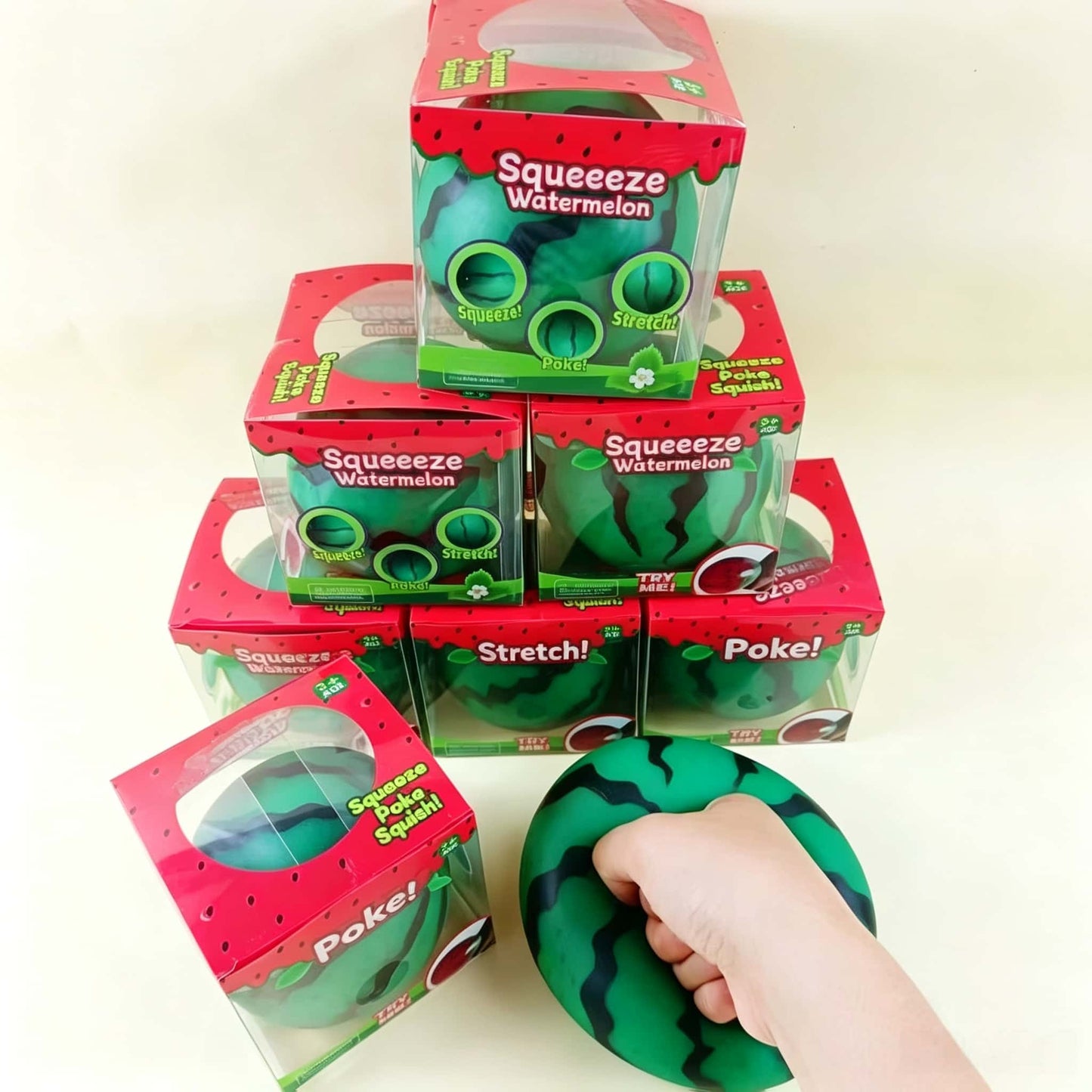 Jumbo Watermelon Squeeze Stress Ball, Bead Filled TPR Squish Fidget Toy, Squeezable Stress Relief Sensory Toy With Retail Box For Kids Adults
