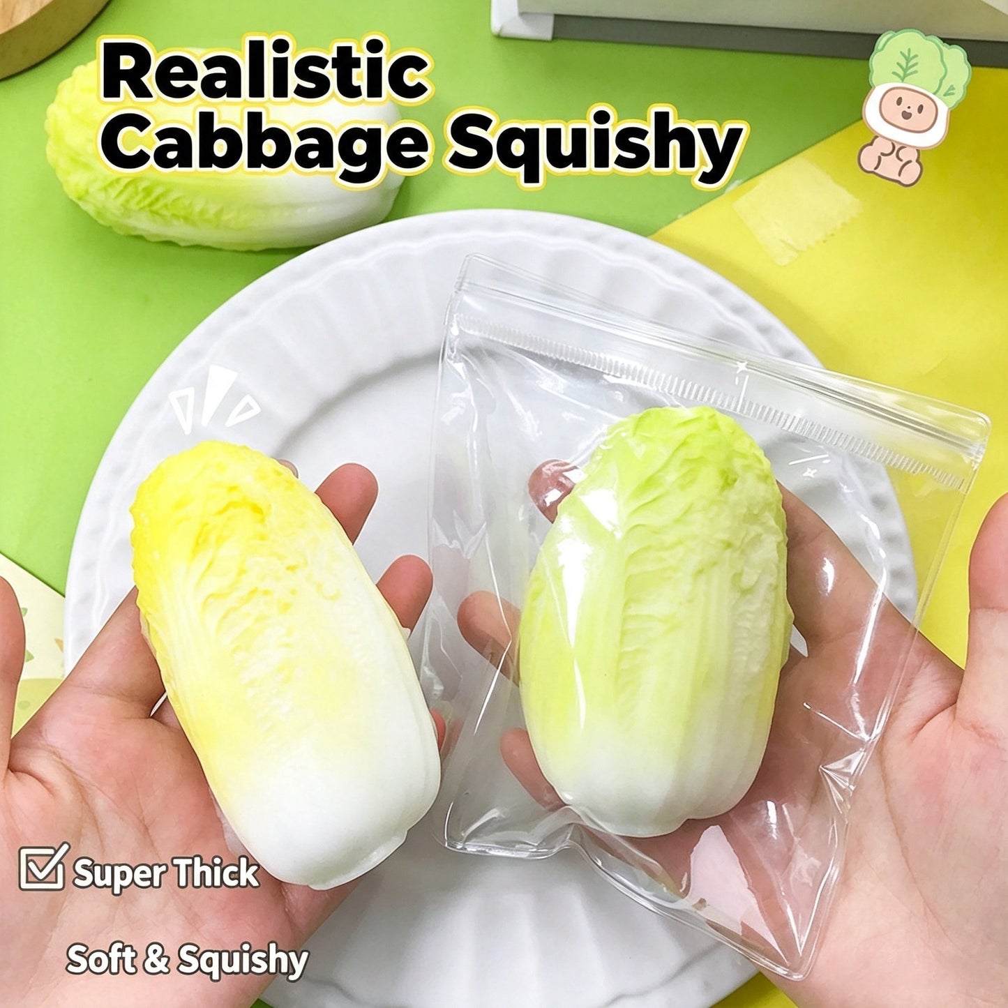 Simulation Cabbage Squishy Fidget Toy, Soft TPR Squeeze Stress Relief Toy, Fake Vegetable Decompression Toy for Kids Adults