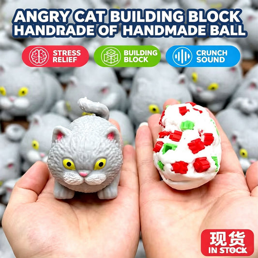 Crunchy Angry Cat Building‑Block Squish Ball, Mouldable Slow‑Rebound Stress Squeeze Fidget Toy