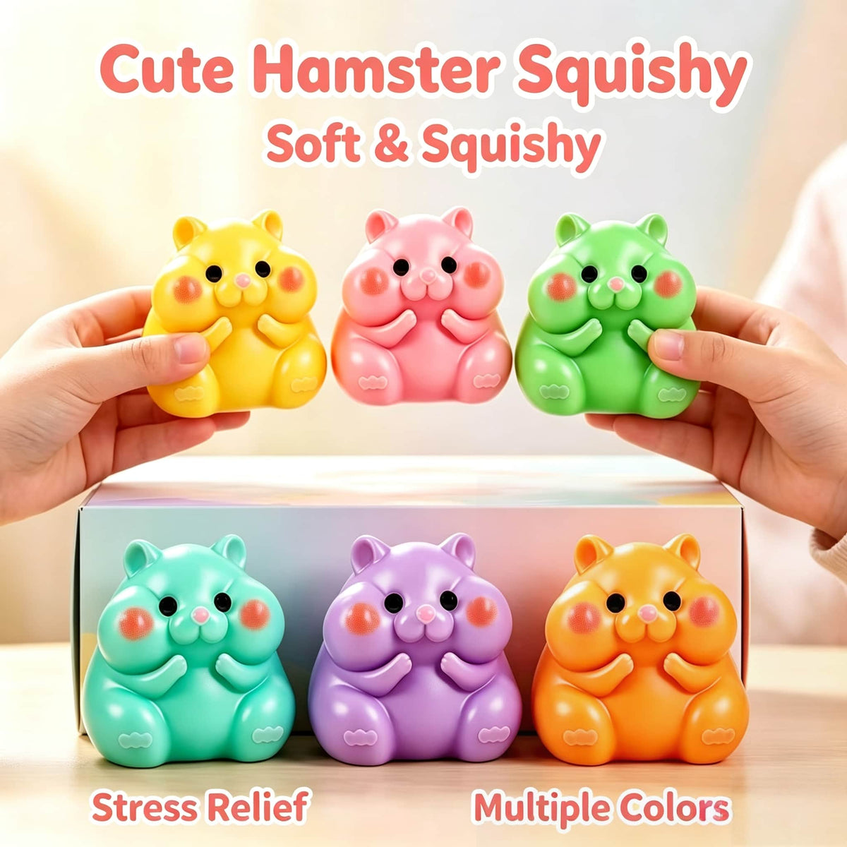 Cute Hamster Squishy Toy, TPR Shell Flour Filled Slow Rising Squeeze Fidget Toy, Kawaii Stress Relief Sensory Toy for Kids Adults, Colorful Decompression Desk Gift