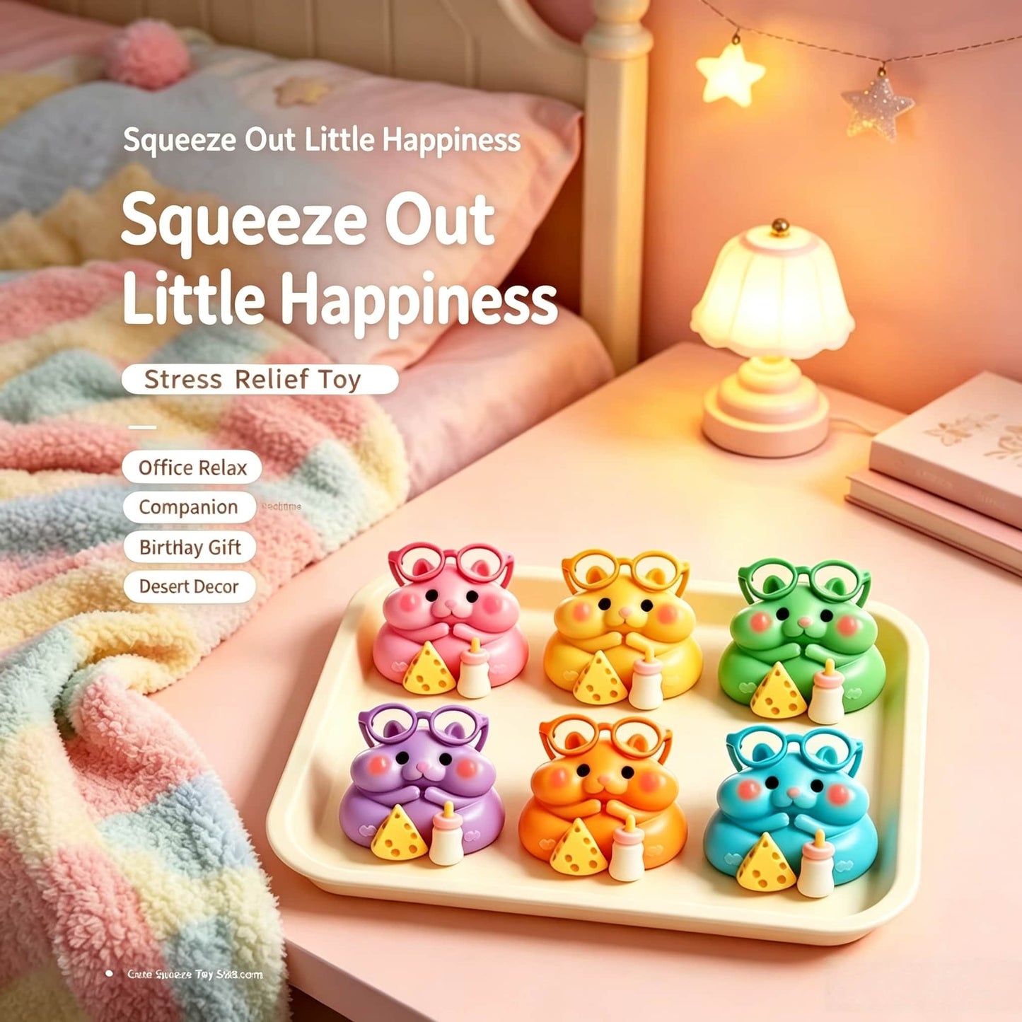 Cute Hamster Squishy Toy, TPR Shell Flour Filled Slow Rising Squeeze Fidget Toy, Kawaii Stress Relief Sensory Toy for Kids Adults, Colorful Decompression Desk Gift