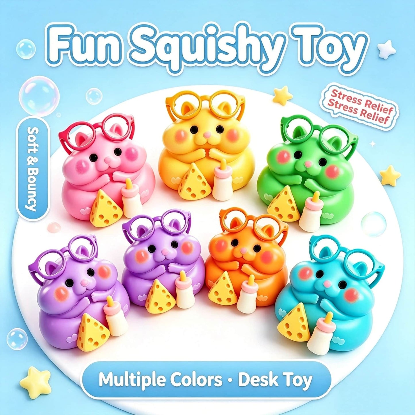 Cute Hamster Squishy Toy, TPR Shell Flour Filled Slow Rising Squeeze Fidget Toy, Kawaii Stress Relief Sensory Toy for Kids Adults, Colorful Decompression Desk Gift