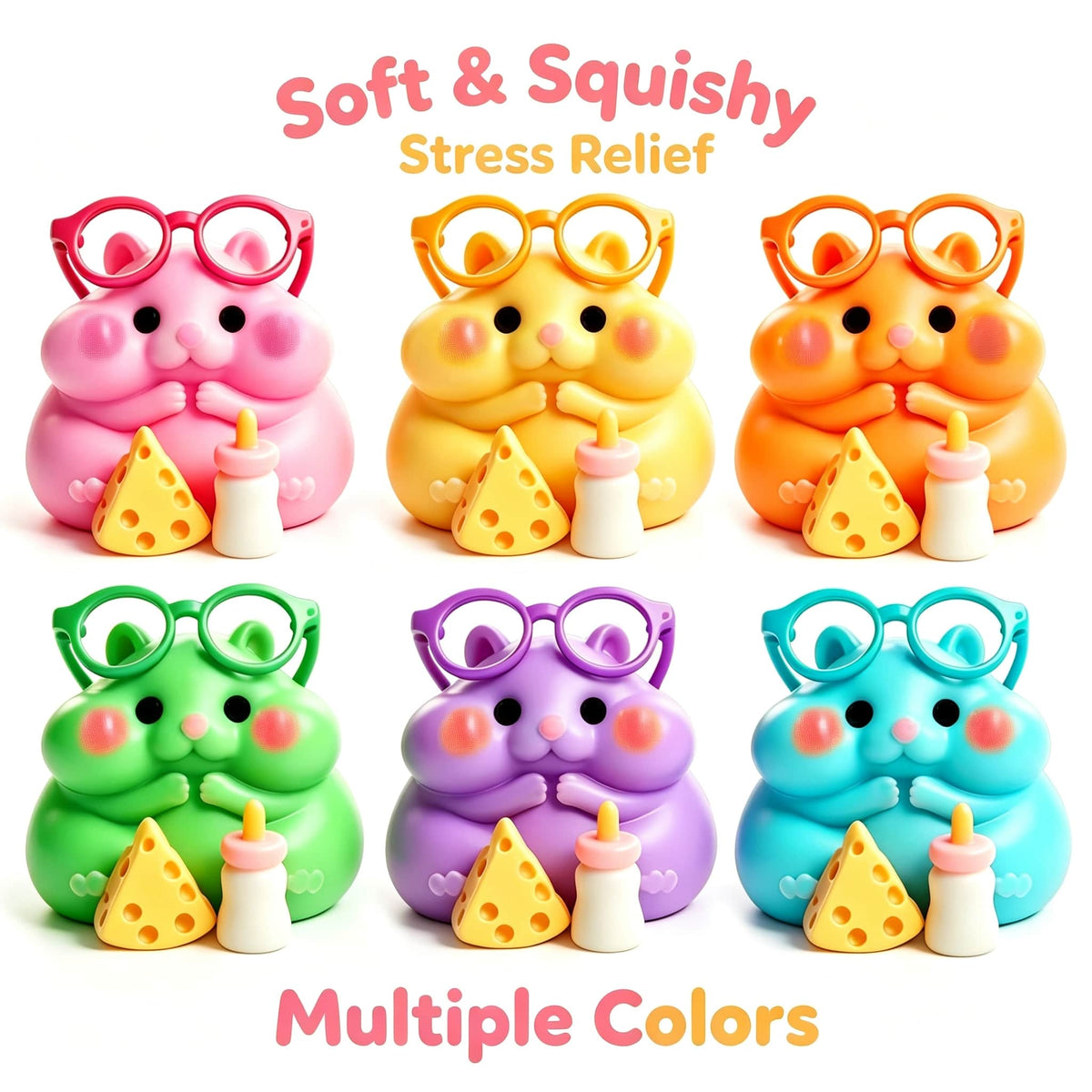Cute Hamster Squishy Toy, TPR Shell Flour Filled Slow Rising Squeeze Fidget Toy, Kawaii Stress Relief Sensory Toy for Kids Adults, Colorful Decompression Desk Gift