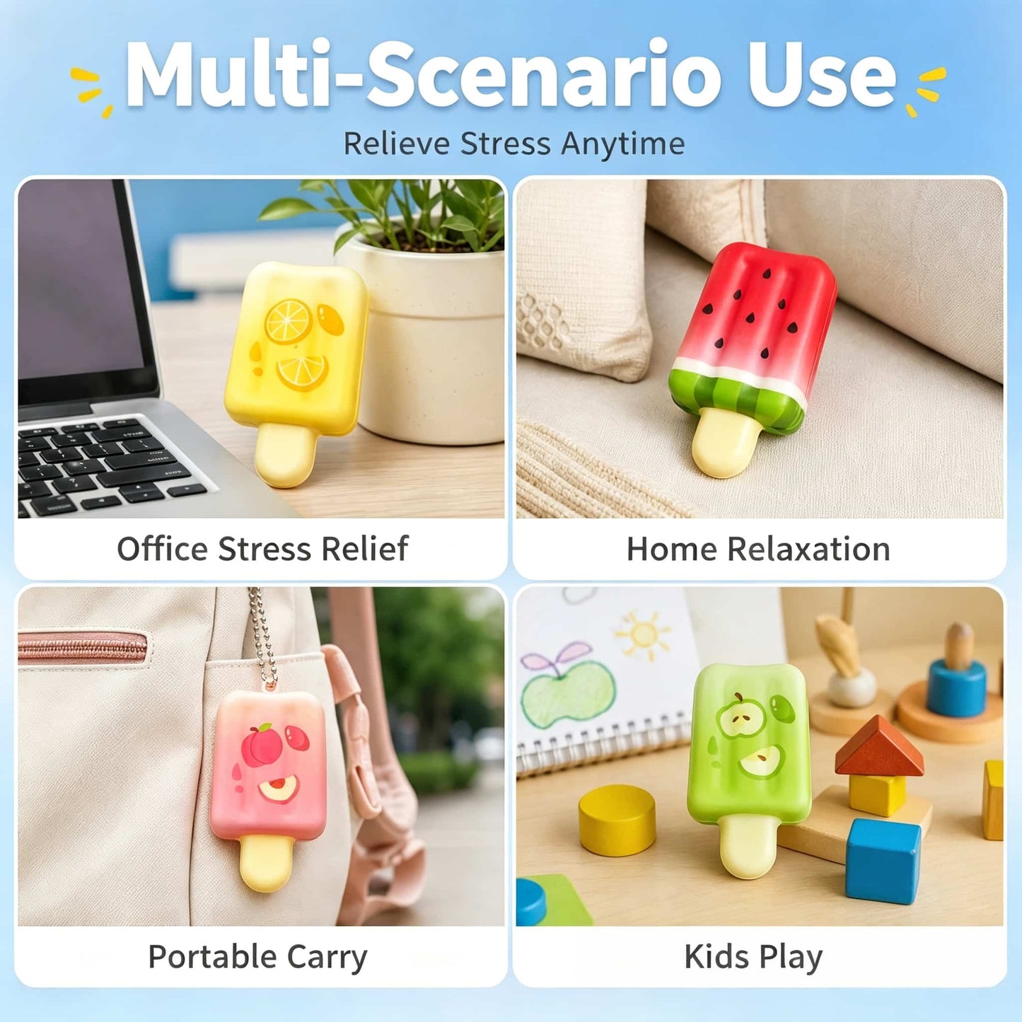 Fruit Popsicle Squishy Toy, Slow Rising PU Stress Relief Ice Cream Squeeze Toy, 6 Styles Assorted